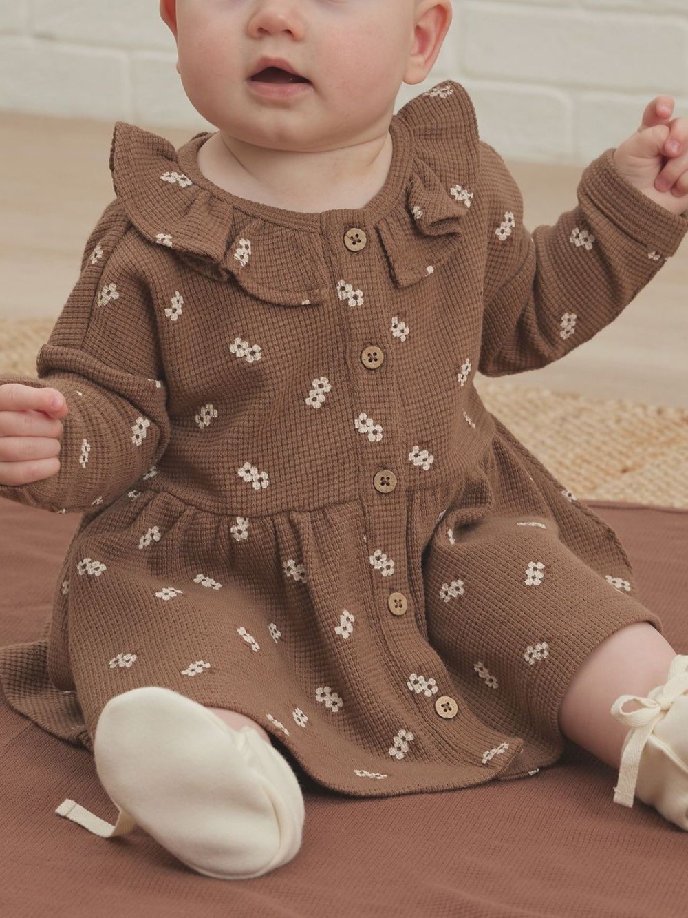 Quincy Mae Brown Cocoa Floral Organic Cotton Waffle Button Dress 2-3 Rylee + Cru